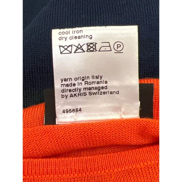 AKRIS Color Block Knit Sweater Orange Green Navy Cashmere Mulberry Silk Size 14